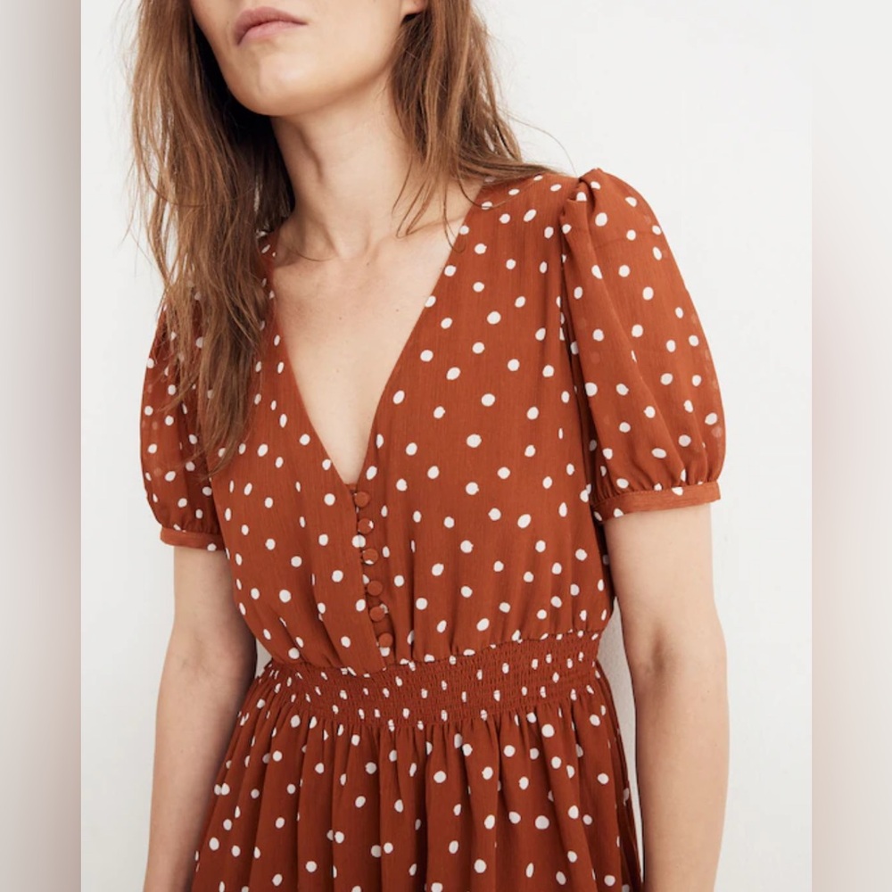 NWT Madewell Smocked-Waist Mini Dress in Burnt Clay Polka Dot - Size XS - Picture 2 of 6